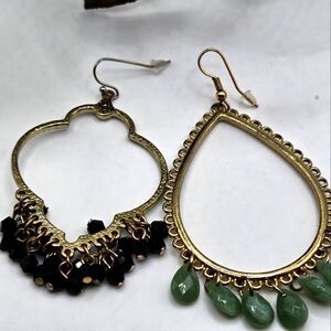 "5/$25" Pair of Mismatched Goldtone Green/Black Boho Bali Style Dangle Earrings